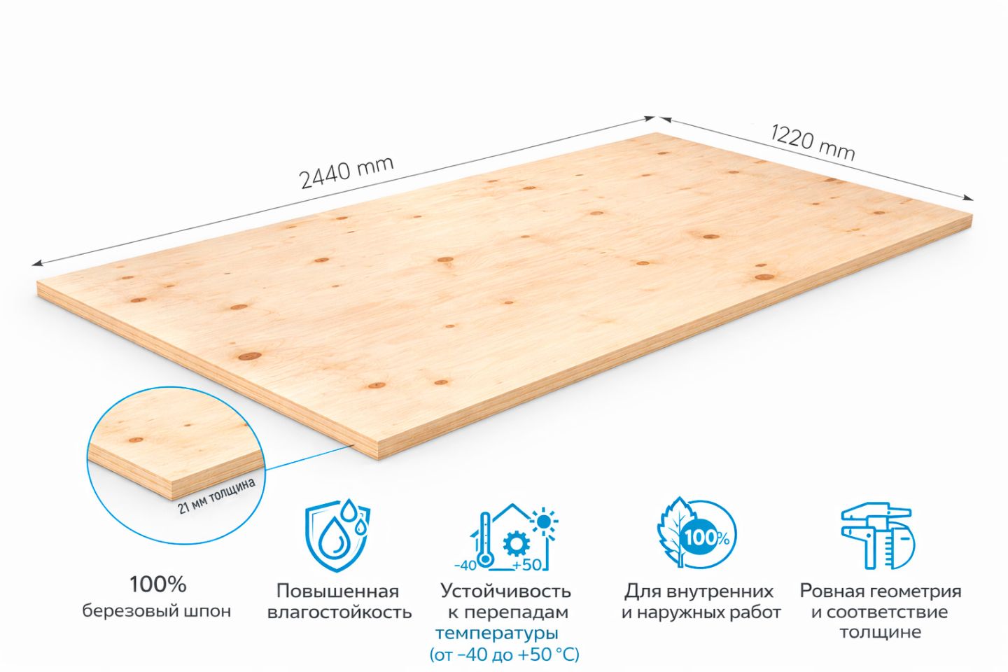 Фанера ФСФ 21мм 2440х1220 мм сорт 3/4 шлифованная Ш1 березовая влагостойкая
