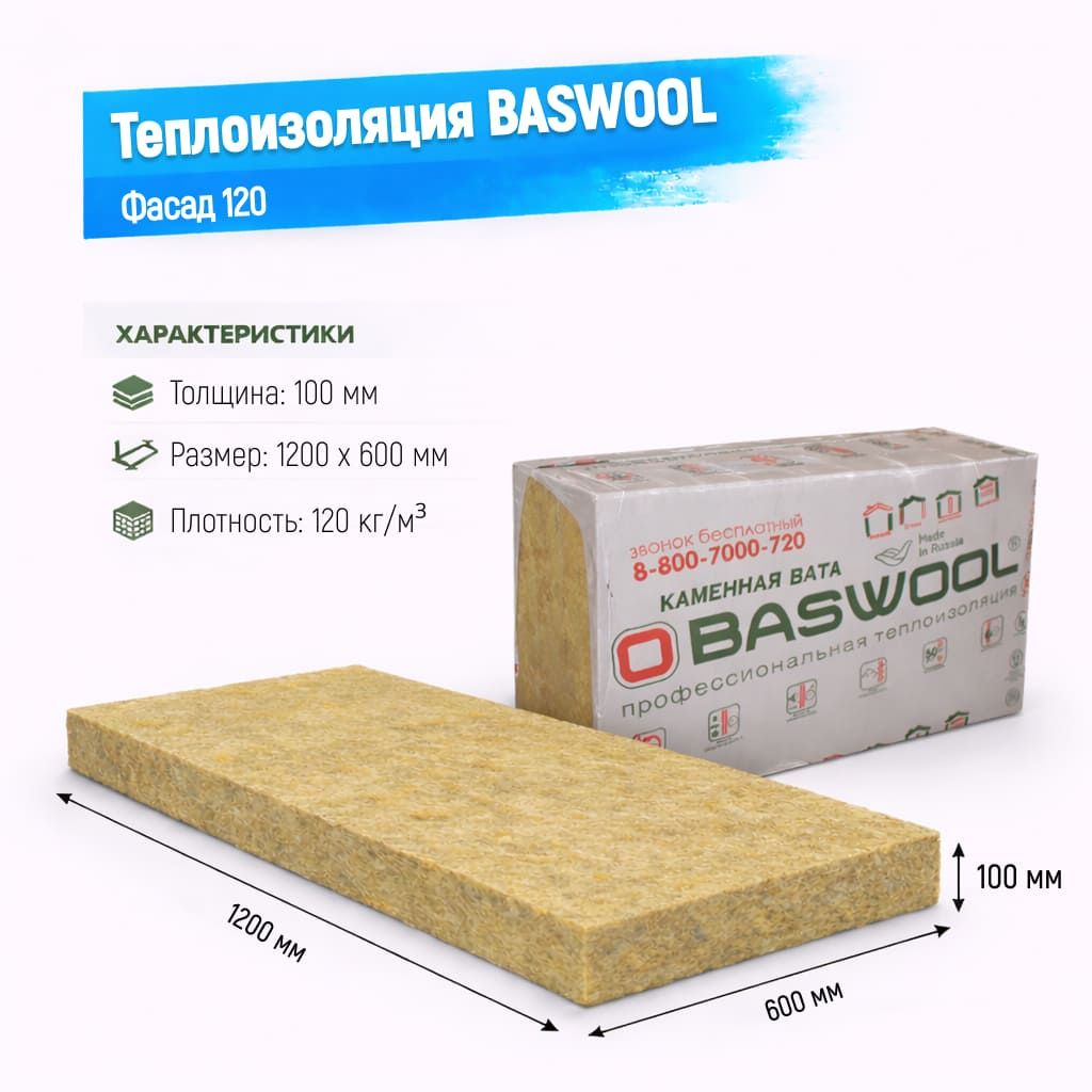 Утеплитель BASWOOL Фасад 120 базальтовая плита 1200х600х100мм