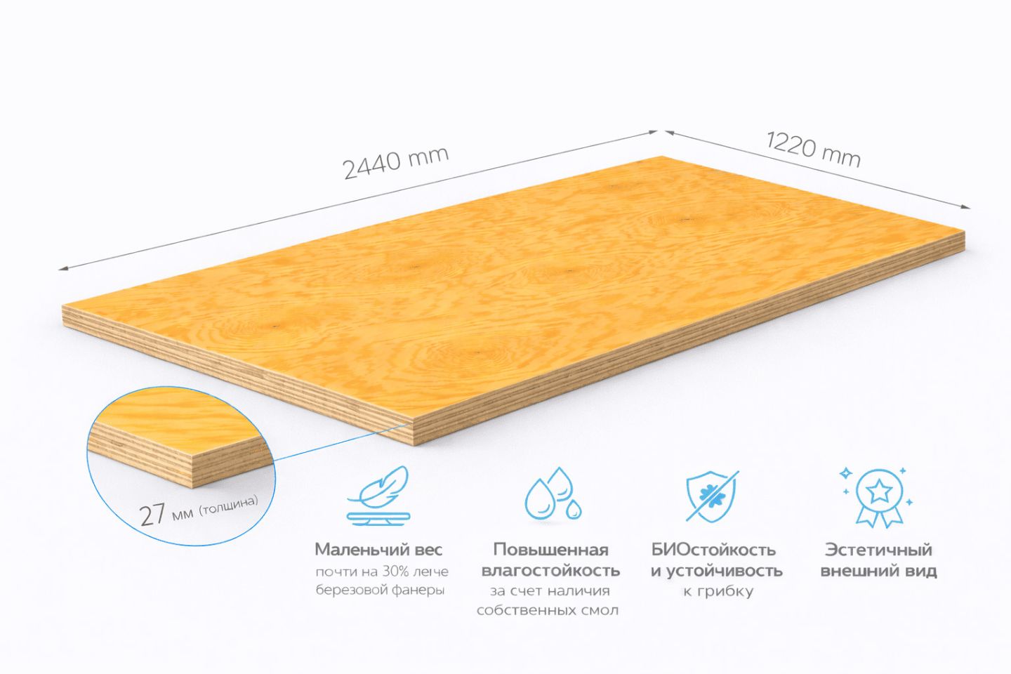 Фанера ФСФ 27 мм 2440х1220 мм сорт 1/3 шлифованная хвойная влагостойкая Larch Лиственница